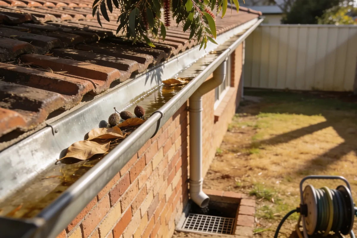 The eave line of a single storey Australian brick veneer house seen from the garden in late afternoon light, galvanised guttering holding shallow water with dry broad leaves and seed pods along the channel above a downpipe running down the brickwork into a grated pit, a tiled roof and an overhanging gum tree branch above, with dry lawn, a paling fence and a hose reel at the edge of frame