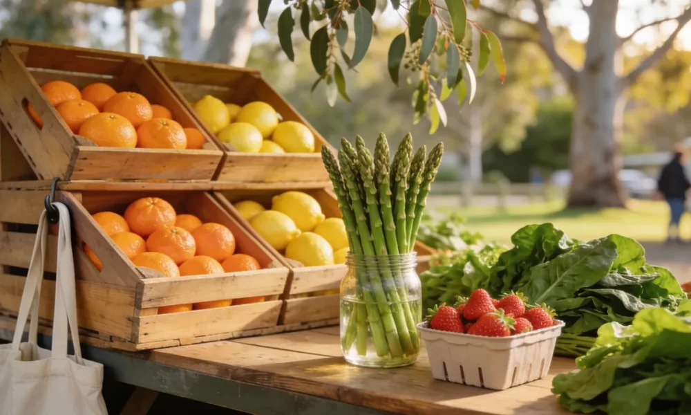 Spring fruit and vegetables piled on a wooden market stall at an Australian farmers market, with citrus crates, asparagus standing in water and a punnet of strawberries