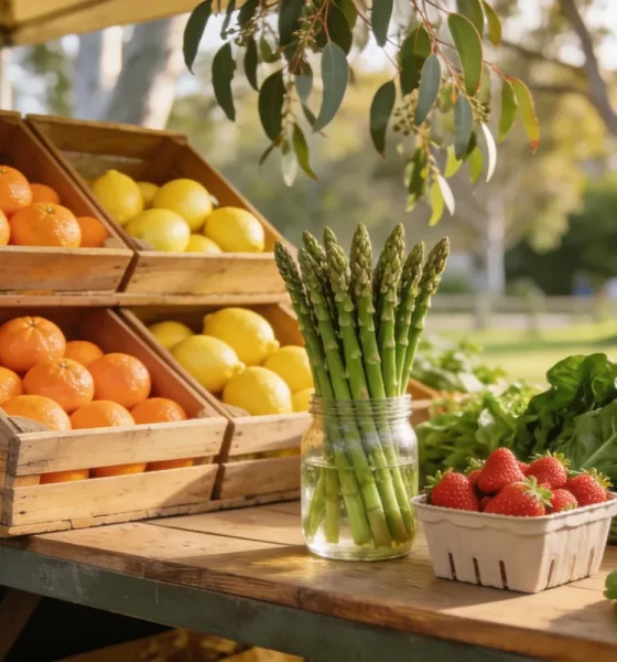 Spring fruit and vegetables piled on a wooden market stall at an Australian farmers market, with citrus crates, asparagus standing in water and a punnet of strawberries