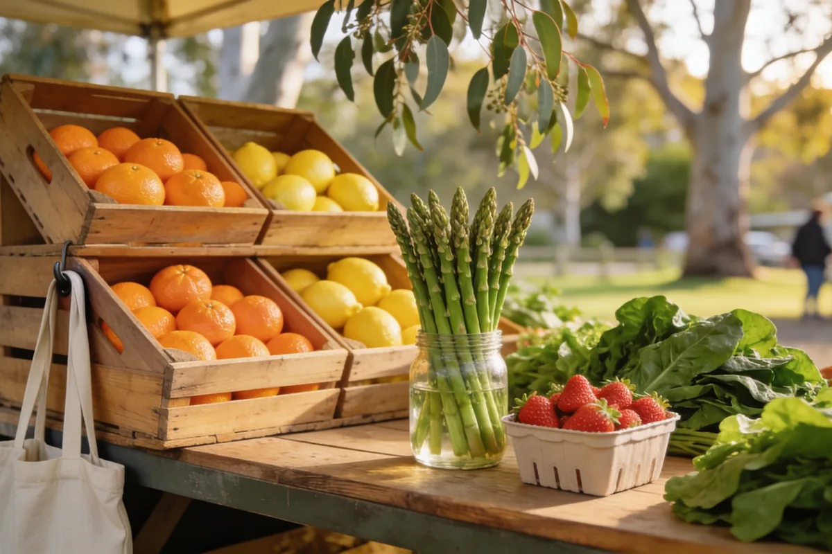Spring fruit and vegetables piled on a wooden market stall at an Australian farmers market, with citrus crates, asparagus standing in water and a punnet of strawberries