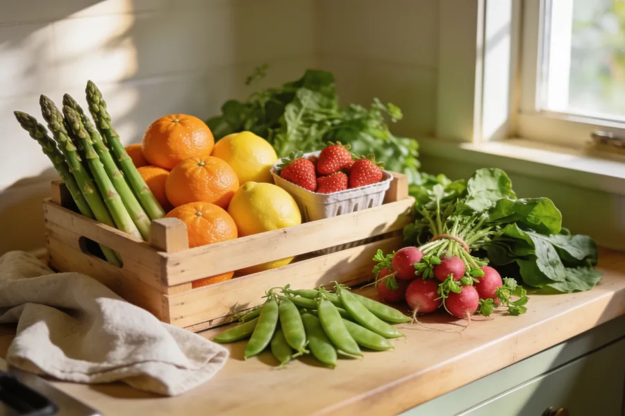 Wooden crate of in-season spring produce on a kitchen bench with mandarins, lemons, strawberries, asparagus, sugar snap peas, radishes and leafy greens