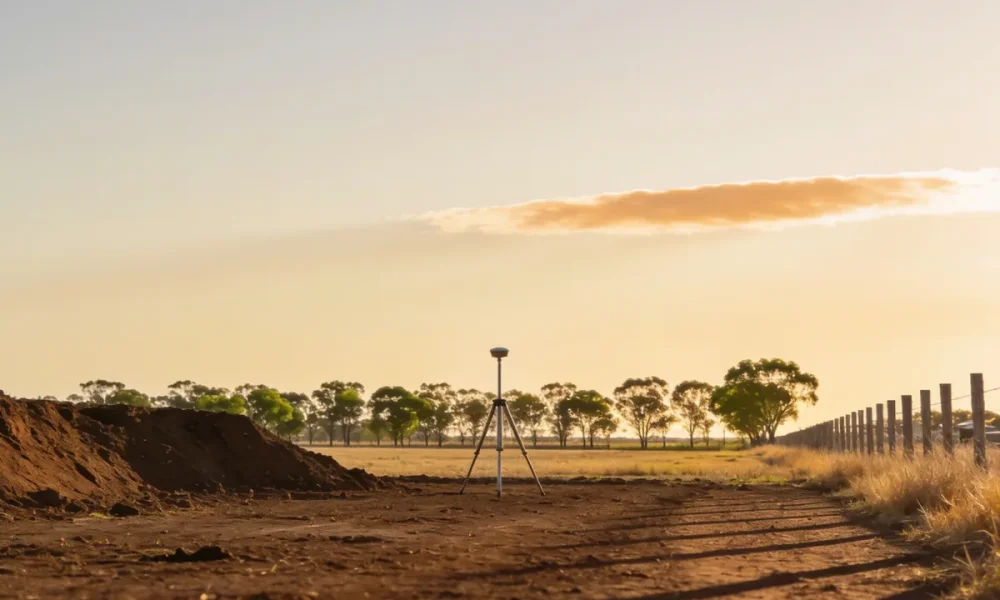 A cleared paddock on the edge of an Australian country town in the late afternoon, seen from ground level looking across the site: bare turned earth in the foreground with a low ridge of stockpiled soil to one side, a single plain portable survey tripod carrying a plain receiver standing in the middle distance with no markings on it, a line of bare timber fence posts running away to the right, a belt of eucalypts along the far boundary in soft focus and dry golden grass at the margins, under a wide clear sky with a thin band of cloud catching the low warm light