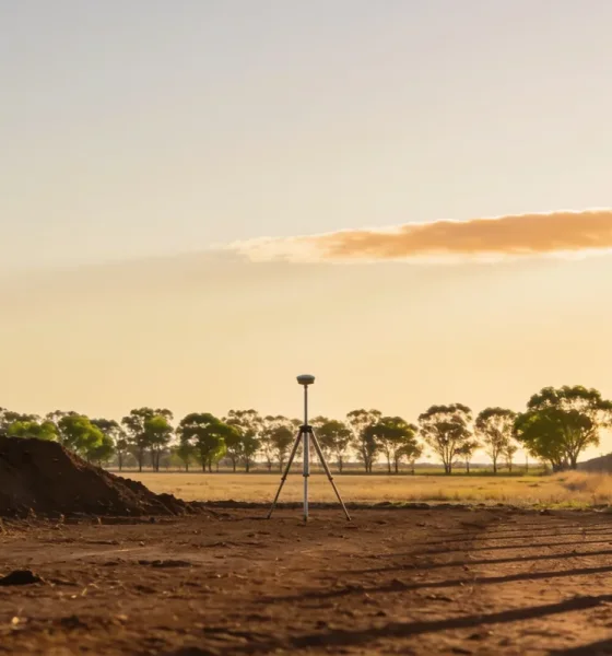 A cleared paddock on the edge of an Australian country town in the late afternoon, seen from ground level looking across the site: bare turned earth in the foreground with a low ridge of stockpiled soil to one side, a single plain portable survey tripod carrying a plain receiver standing in the middle distance with no markings on it, a line of bare timber fence posts running away to the right, a belt of eucalypts along the far boundary in soft focus and dry golden grass at the margins, under a wide clear sky with a thin band of cloud catching the low warm light