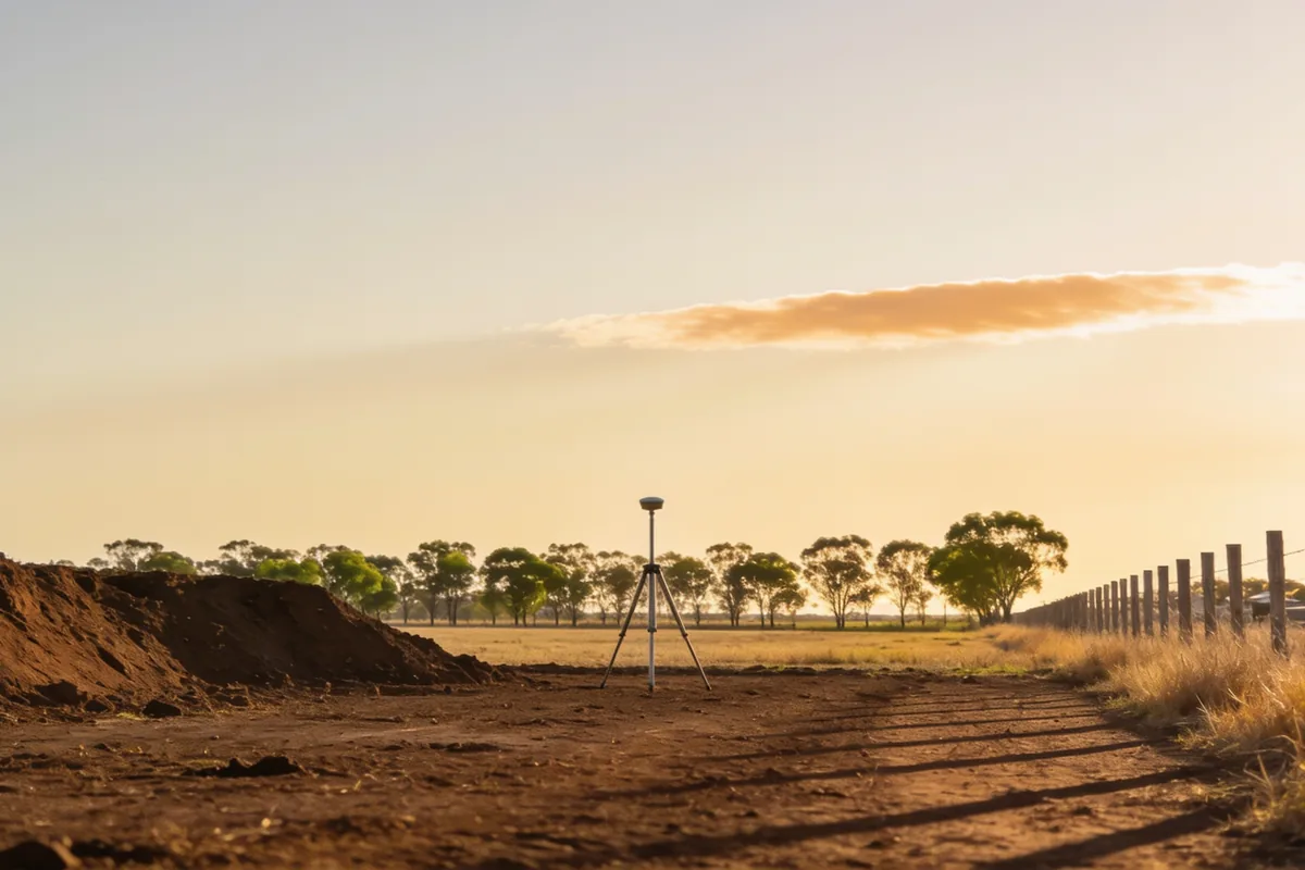 A cleared paddock on the edge of an Australian country town in the late afternoon, seen from ground level looking across the site: bare turned earth in the foreground with a low ridge of stockpiled soil to one side, a single plain portable survey tripod carrying a plain receiver standing in the middle distance with no markings on it, a line of bare timber fence posts running away to the right, a belt of eucalypts along the far boundary in soft focus and dry golden grass at the margins, under a wide clear sky with a thin band of cloud catching the low warm light