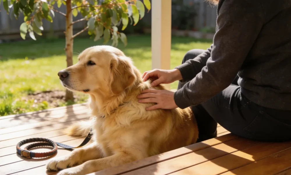 Person gently running fingers through a calm golden retriever's coat to check for ticks on a sunlit Australian back verandah