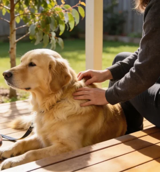 Person gently running fingers through a calm golden retriever's coat to check for ticks on a sunlit Australian back verandah