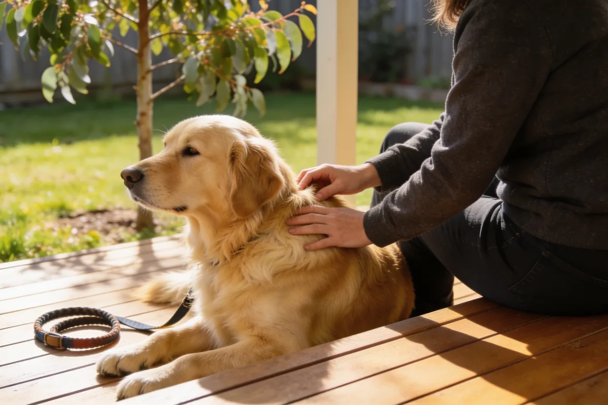 Person gently running fingers through a calm golden retriever's coat to check for ticks on a sunlit Australian back verandah