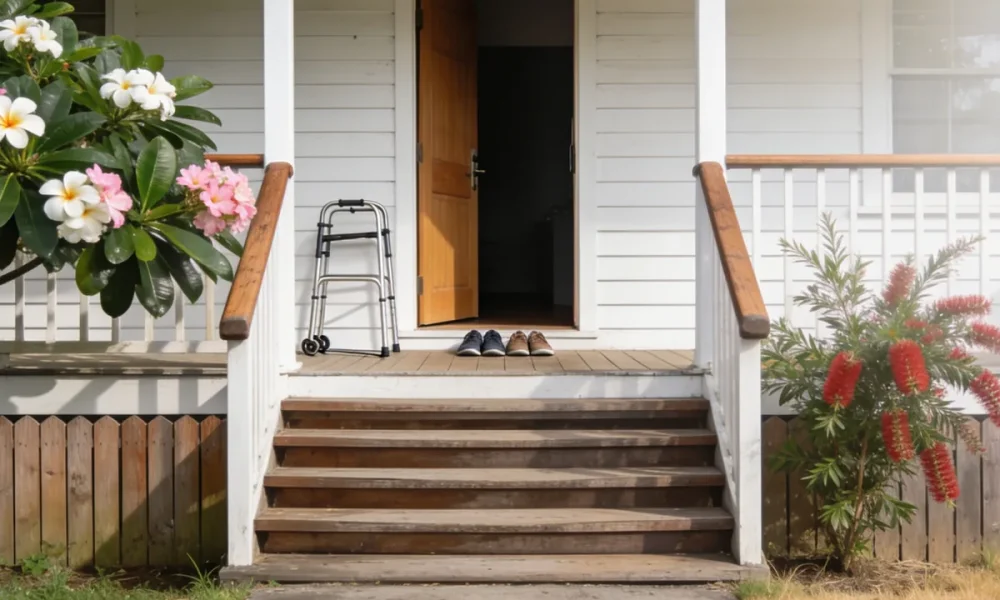 The front verandah of a single storey Queenslander style home on a bright morning, seen from the front path: wide timber steps up to a verandah with simple timber handrails and white posts, a plain timber front door standing open onto a dark hallway, two pairs of everyday shoes on the mat by the door, and a small plain wheeled walking frame standing against the wall beside the door with no markings on it, with a frangipani in white and pink flower on one side and a red flowering bottlebrush on the other along a low timber fence, and dry grass at the edge of the frame