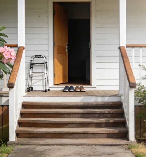 The front verandah of a single storey Queenslander style home on a bright morning, seen from the front path: wide timber steps up to a verandah with simple timber handrails and white posts, a plain timber front door standing open onto a dark hallway, two pairs of everyday shoes on the mat by the door, and a small plain wheeled walking frame standing against the wall beside the door with no markings on it, with a frangipani in white and pink flower on one side and a red flowering bottlebrush on the other along a low timber fence, and dry grass at the edge of the frame