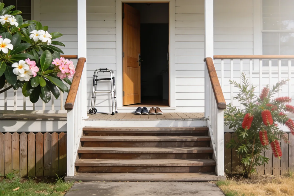 The front verandah of a single storey Queenslander style home on a bright morning, seen from the front path: wide timber steps up to a verandah with simple timber handrails and white posts, a plain timber front door standing open onto a dark hallway, two pairs of everyday shoes on the mat by the door, and a small plain wheeled walking frame standing against the wall beside the door with no markings on it, with a frangipani in white and pink flower on one side and a red flowering bottlebrush on the other along a low timber fence, and dry grass at the edge of the frame