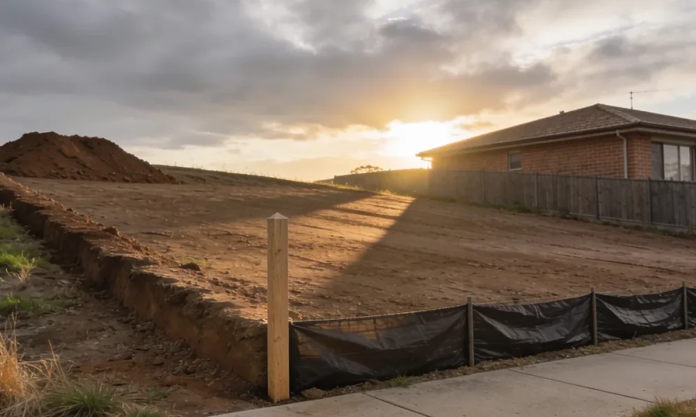 A cleared suburban building block on a slight slope in the late afternoon, seen from the footpath of the street it fronts: bare graded earth with a shallow batter falling away to the left, a low ridge of stockpiled soil along one boundary, a new plain timber survey peg standing at the corner with no markings on it, a temporary sediment fence of dark fabric running along the low edge on plain posts, and a single storey brick veneer house of similar vintage seen over the boundary fence to the right, with long shadows across the earth, dry grass at the margins and an overcast sky broken by low late sun