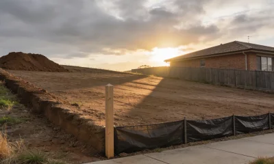 A cleared suburban building block on a slight slope in the late afternoon, seen from the footpath of the street it fronts: bare graded earth with a shallow batter falling away to the left, a low ridge of stockpiled soil along one boundary, a new plain timber survey peg standing at the corner with no markings on it, a temporary sediment fence of dark fabric running along the low edge on plain posts, and a single storey brick veneer house of similar vintage seen over the boundary fence to the right, with long shadows across the earth, dry grass at the margins and an overcast sky broken by low late sun
