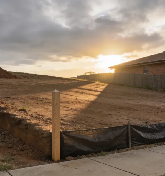 A cleared suburban building block on a slight slope in the late afternoon, seen from the footpath of the street it fronts: bare graded earth with a shallow batter falling away to the left, a low ridge of stockpiled soil along one boundary, a new plain timber survey peg standing at the corner with no markings on it, a temporary sediment fence of dark fabric running along the low edge on plain posts, and a single storey brick veneer house of similar vintage seen over the boundary fence to the right, with long shadows across the earth, dry grass at the margins and an overcast sky broken by low late sun