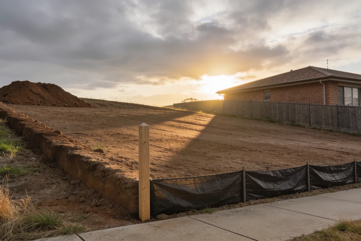 A cleared suburban building block on a slight slope in the late afternoon, seen from the footpath of the street it fronts: bare graded earth with a shallow batter falling away to the left, a low ridge of stockpiled soil along one boundary, a new plain timber survey peg standing at the corner with no markings on it, a temporary sediment fence of dark fabric running along the low edge on plain posts, and a single storey brick veneer house of similar vintage seen over the boundary fence to the right, with long shadows across the earth, dry grass at the margins and an overcast sky broken by low late sun
