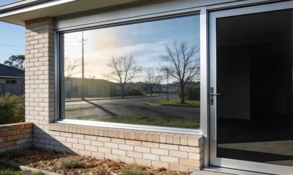 The outside of a suburban Australian brick veneer house on a cool bright winter morning, seen from the front garden at a slight angle: a large fixed window and an adjacent sliding glass door in a plain aluminium frame, both clean and closed, the window carrying a clear reflection of the street's bare winter trees, a power pole and open sky so nothing behind the glass is legible and the darker glass of the door showing only a dim undefined room beyond, with a low brick front wall, a native garden bed with dry mulch and a concrete path leading to the door, and cold early light with long shadows across the lawn and brickwork