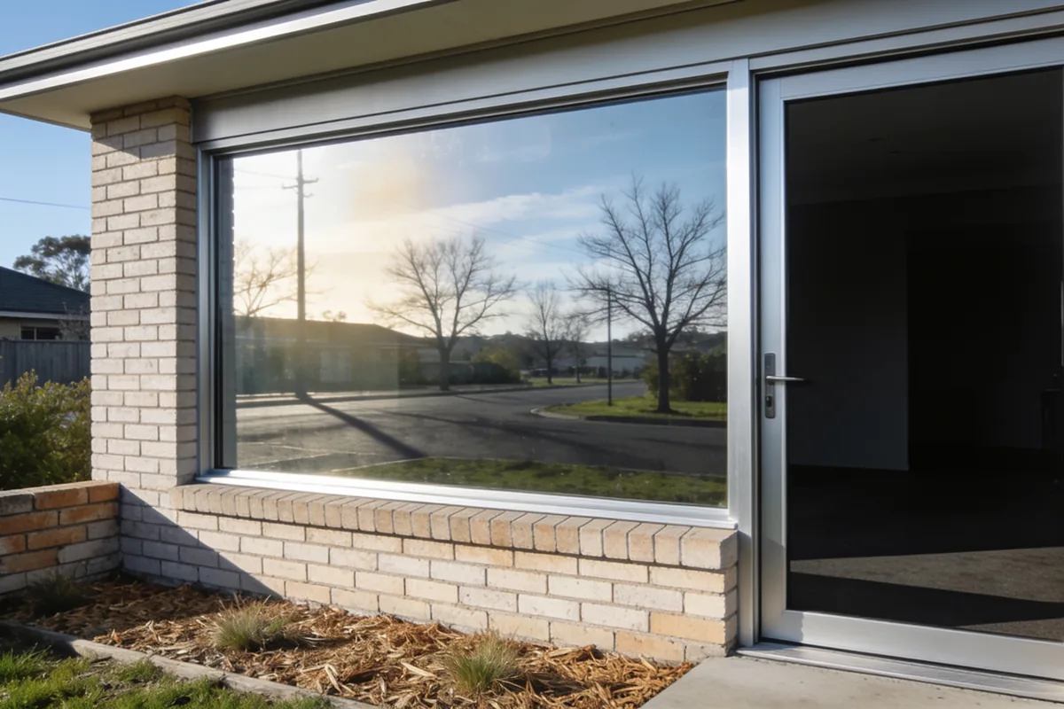 The outside of a suburban Australian brick veneer house on a cool bright winter morning, seen from the front garden at a slight angle: a large fixed window and an adjacent sliding glass door in a plain aluminium frame, both clean and closed, the window carrying a clear reflection of the street's bare winter trees, a power pole and open sky so nothing behind the glass is legible and the darker glass of the door showing only a dim undefined room beyond, with a low brick front wall, a native garden bed with dry mulch and a concrete path leading to the door, and cold early light with long shadows across the lawn and brickwork
