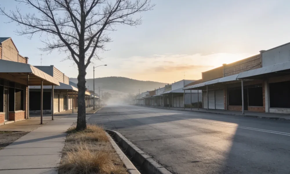 An empty country town main street early on a clear winter morning, seen from the footpath: a wide empty road with no vehicles at all, low rows of single storey shop buildings with plain awnings and dark empty windows down both sides, a large bare winter street tree standing at the kerb near the camera, dry golden grass in the gutter and along the kerb, and a low ridge of hills at the end of the street clearing out of the dawn haze under a soft warm sky, with long shadows lying across the road