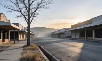 An empty country town main street early on a clear winter morning, seen from the footpath: a wide empty road with no vehicles at all, low rows of single storey shop buildings with plain awnings and dark empty windows down both sides, a large bare winter street tree standing at the kerb near the camera, dry golden grass in the gutter and along the kerb, and a low ridge of hills at the end of the street clearing out of the dawn haze under a soft warm sky, with long shadows lying across the road