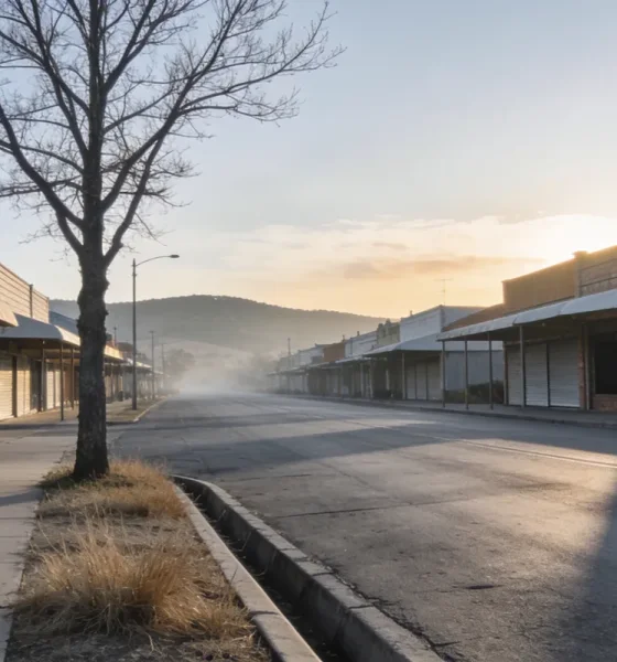 An empty country town main street early on a clear winter morning, seen from the footpath: a wide empty road with no vehicles at all, low rows of single storey shop buildings with plain awnings and dark empty windows down both sides, a large bare winter street tree standing at the kerb near the camera, dry golden grass in the gutter and along the kerb, and a low ridge of hills at the end of the street clearing out of the dawn haze under a soft warm sky, with long shadows lying across the road