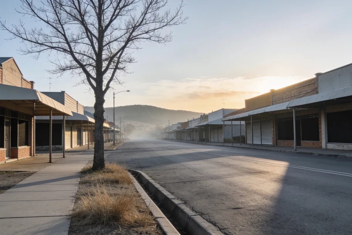 An empty country town main street early on a clear winter morning, seen from the footpath: a wide empty road with no vehicles at all, low rows of single storey shop buildings with plain awnings and dark empty windows down both sides, a large bare winter street tree standing at the kerb near the camera, dry golden grass in the gutter and along the kerb, and a low ridge of hills at the end of the street clearing out of the dawn haze under a soft warm sky, with long shadows lying across the road